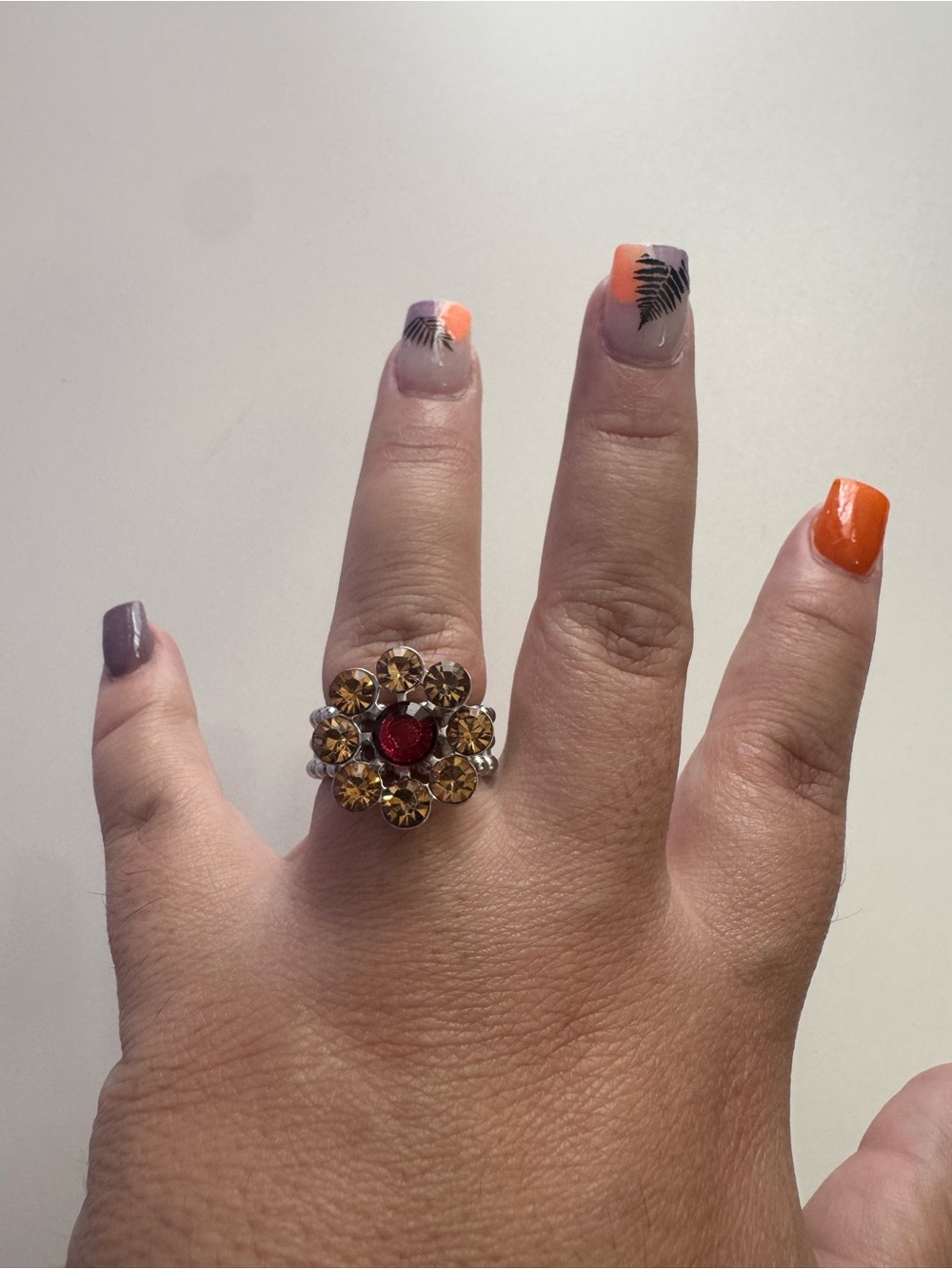 Gold-Tone Flower Cluster Ring with Red Center